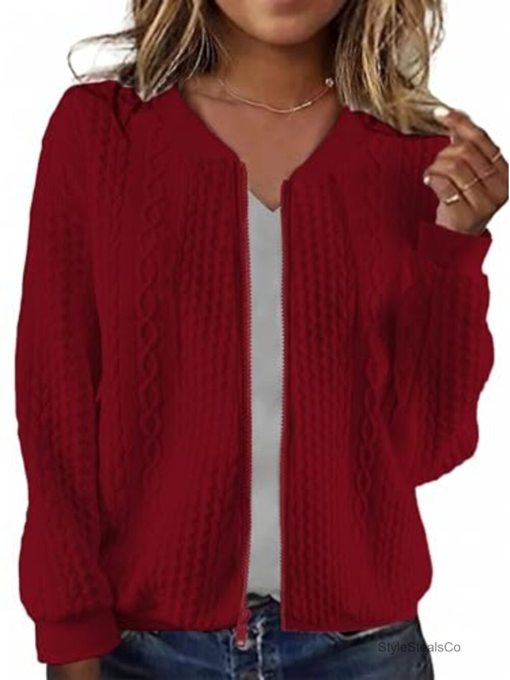 Women's Zip Up Cardigan Sweater Cable Knit Long Sleeve Crewneck Casual Jacket